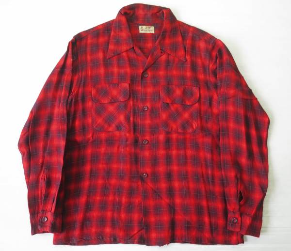 50's E＆W オンブレ 長袖 オープンカラー レーヨンシャツ M 赤黒シャドーチェック/ビンテージ - JACK CLOTHING SUPPLY