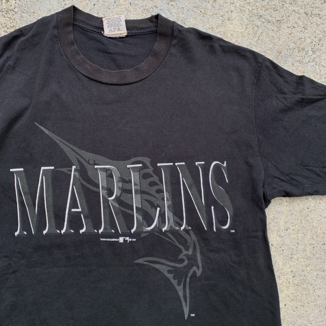 【XL】90s USA製 MLB マイアミ・マーリンズ プリントTシャツ 黒 ビンテージ オールド アメリカ古着 シングルステッチ メジャー