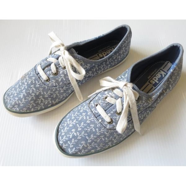 画像1: SALE!! Keds ケッズ デッキスニーカー 24cm 総柄 水色 リーフ柄/オールド アメリカ古着 レディース シューズ (1)