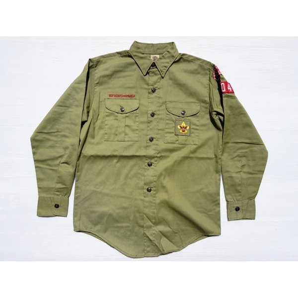 画像1: ◆ SALE!! 70's BSA ボーイスカウト ワッペン付き 長袖シャツ 14 Sサイズ オリーブ/ビンテージ オールド アメリカ古着 レトロ レディース (1)