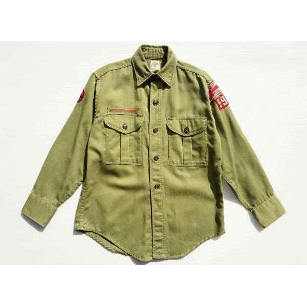 画像1: ◆ キッズ 60's BSA ボーイスカウト コットン 長袖シャツ 12 1/2 オリーブ 緑 無地/ビンテージ オールド アメリカ古着 レトロ (1)