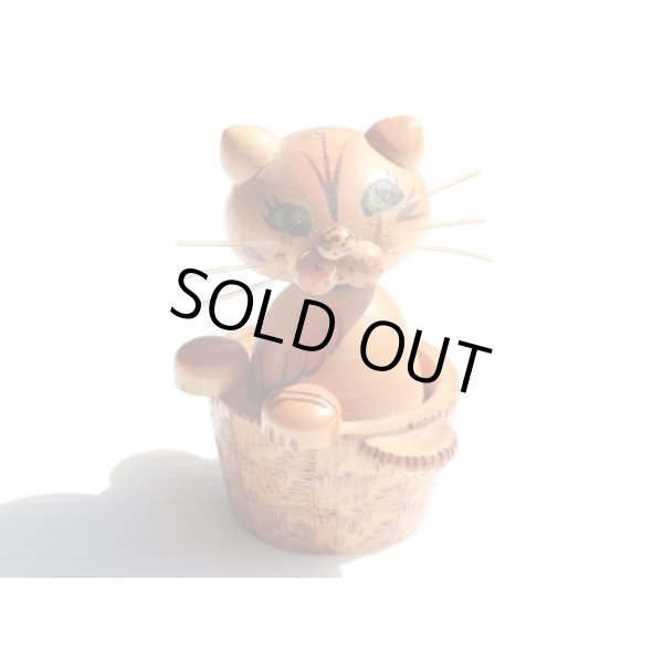画像1: ◆ ヨーロッパ雑貨 猫 ボブルヘッド ウッドオブジェ 首振り人形 8.5cm/ビンテージ アンティーク レトロ インテリア 彫刻 木製 玩具 (1)