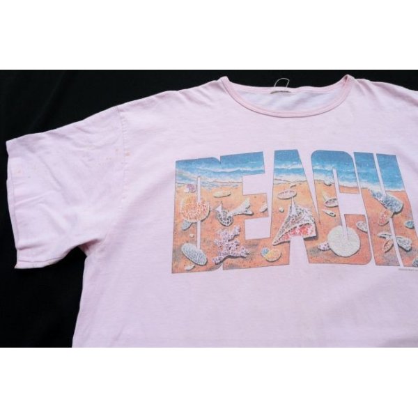 画像2: ◆ 90s USA製 BEACH ビーチシャツ プリントTシャツ XL ビッグサイズ ピンク/ビンテージ オールド レトロ アメリカ古着 ポケット (2)