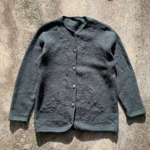 画像: 【M】UNKNOWN 刺繍入り チロリアン ボイルドウール カーディガン 緑■ビンテージ レトロ ヨーロッパ古着 ニット セーター 花柄 カントリー