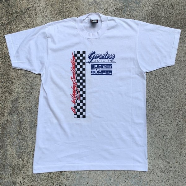 画像1: 【L】デッドストック 80s-90s USA製 GORDON AUTO INC. Tシャツ 白■ビンテージ オールド アメリカ古着 モーター系 チェッカーフラッグ 1 (1)