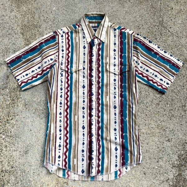 画像1: 【S/M】USA製 Wrangler 半袖シャツ ネイティブ柄 ストライプ■ビンテージ オールド レトロ アメリカ古着 ラングラー 総柄 80s-90s (1)