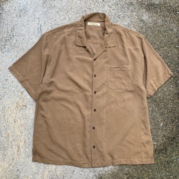 画像1: 【XL/XXL】Tommy Bahama オープンカラー 半袖シルクシャツ 茶系 無地■ビンテージ オールド アメリカ古着 トミーバハマ アロハシャツ (1)