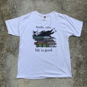 画像: 【XL】books.cats.life is good ネコ プリントTシャツ 白■ビンテージ オールド アメリカ古着 Y2K 2000s オールコットン 猫 動物