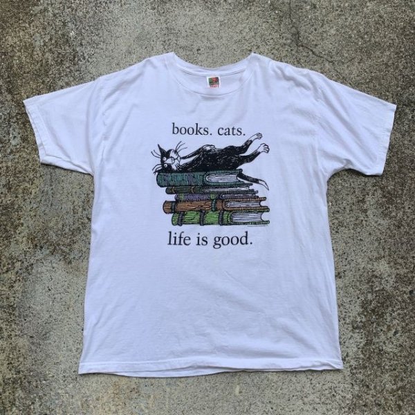 画像1: 【XL】books.cats.life is good ネコ プリントTシャツ 白■ビンテージ オールド アメリカ古着 Y2K 2000s オールコットン 猫 動物 (1)