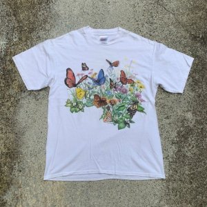 画像: 【L】Hanes 蝶々 プリントTシャツ 白■ビンテージ オールド アメリカ古着 90s/2000s ヘインズ オールコットン 花柄 フラワー