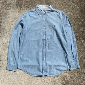 画像: 【M/L】Ralph Lauren コットン 長袖シャンブレーシャツ 青■オールド レトロ アメリカ古着 ラルフローレン ボタンダウン