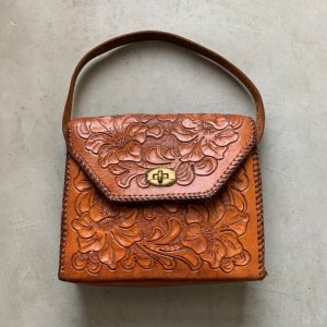 画像: 【21.0cm×23.0cm】UNKNOWN 型押し レザーバッグ 花柄 茶色■ビンテージ レトロ アメリカ古着 メキシコ ヒッピー トート レディース