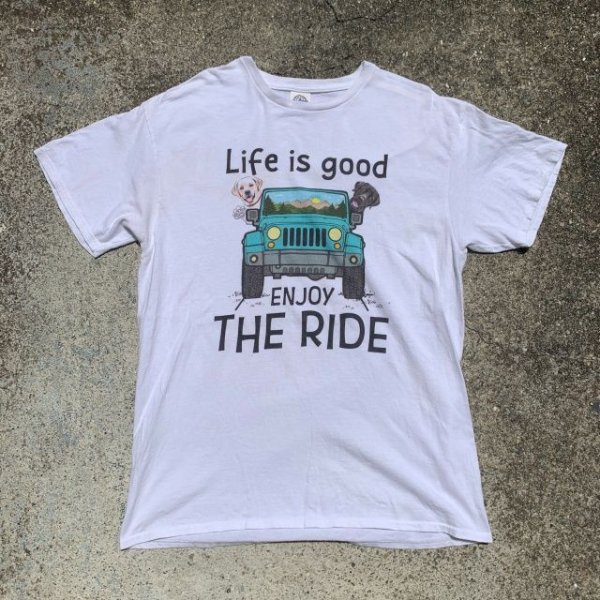 画像1: 【L】DELTA「Life is good」犬 プリントTシャツ 白■オールド アメリカ古着 2000s Y2K コットン 動物 ジープ アメ車 (1)