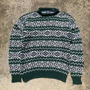 画像: 【M/L】90s GAP ロールネック コットンニット セーター 緑 総柄■ビンテージ オールド アメリカ古着 90s オールドギャップ ビッグサイズ