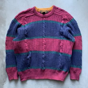 画像: 【S/M】Eddie Bauer エルボーパッチ コットンニット セーター ボーダー■ビンテージ オールド アメリカ古着 90s エディーバウアー 紺×紫