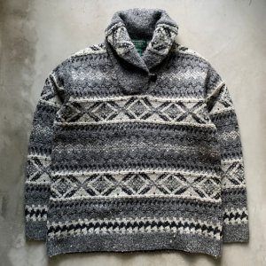 画像: 【S/M】LAUREN ラルフローレン ハンドニット ショールカラー ウールセーター グレー 総柄■ビンテージ オールド アメリカ古着 ネイティブ