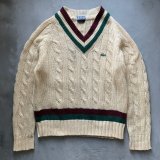 画像: 【S/M】IZOD LACOSTE Vネック アクリルセーター チルデンニット 生成り色■ビンテージ オールド アメリカ古着 70s/80s ケーブル編み 