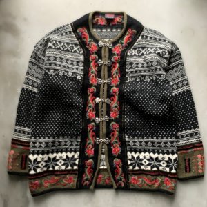 画像: 【L】VRIKKE SWEATERS ウールニット カーディガン ブラック 黒 総柄■ビンテージ アメリカ古着 花柄 チロリアン ノルディックセーター