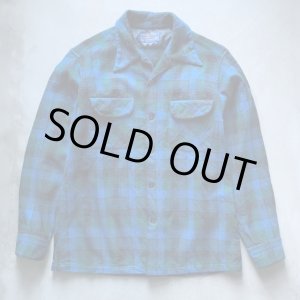 画像: 【S/M】70s USA製 PENDLETON オープンカラー 長袖ウールシャツ 青チェック■ビンテージ アメリカ古着 ペンドルトン ボックス ボートシャツ