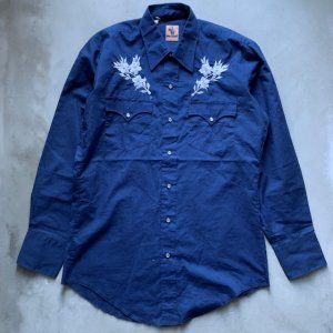 画像: 【M】Cowhand 刺繍入り 長袖ウエスタンシャツ ネイビー■ビンテージ オールド レトロ アメリカ古着 80s 綿ポリ 花柄 カウボーイ