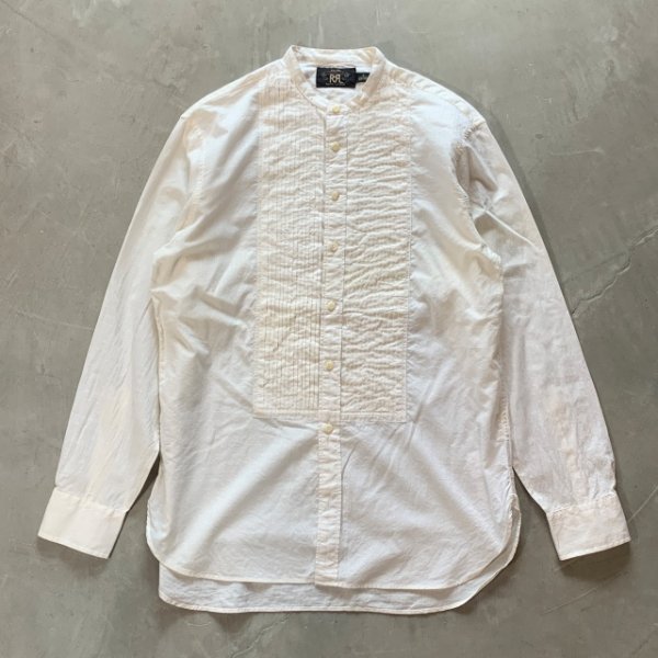 画像1: 【S/M】RRL バンドカラー ドレスシャツ 白 総柄■ビンテージ アメリカ古着 ラルフローレン フリルシャツ プリーツ 白シャツ (1)