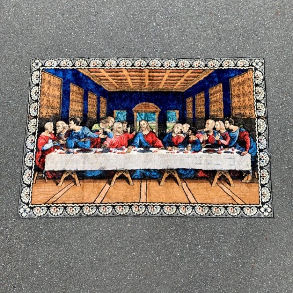 画像1: 【119cm×178cm】キリストモチーフ 最後の晩餐 ベルベット ラグ■ビンテージ アンティーク インテリア ベロアマット タペストリー 60s/70s (1)
