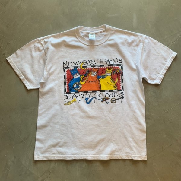 画像1: 【L】JAZZ CATS プリントTシャツ 白■ビンテージ アメリカ古着 2000s JERZEES コットン ニューオーリンズ ジャズ キャット ネコ 猫 (1)