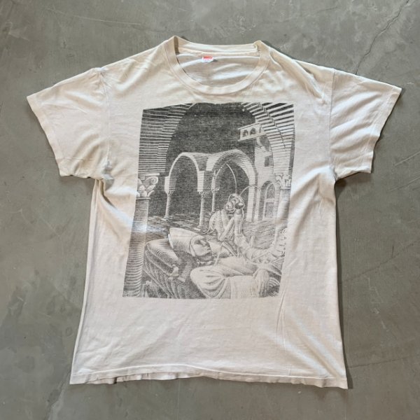 画像1: 【L】80s USA製 マウリッツ・エッシャー プリントTシャツ 白■ビンテージ オールド アメリカ古着 Hanes コットン 騙し絵 アート (1)