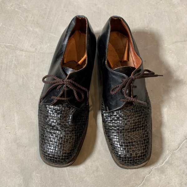 画像1: 【26.0cm】GARANTI メッシュレザーシューズ ブラック 黒■ビンテージ オールド ヨーロッパ古着 ユーロ 革靴 スクエアトゥ (1)