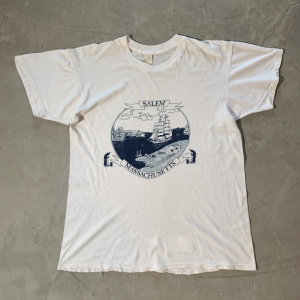 画像1: 【L】80s USA製 マサチューセッツ州 SALEM 魔女と船 プリントTシャツ 白■ビンテージ オールド アメリカ古着 コットン マリン セーラー (1)
