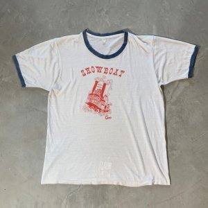 画像: 【L】70s USA製 SHOW BOAT 船 プリント リンガーTシャツ 白■ビンテージ オールド アメリカ古着 USA製 マリン セーラー