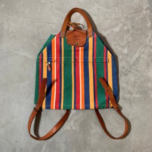 画像: 【36cm×35cm】イタリア製 IL BISONTE レザー×キャンバスバッグ リュック マルチストライプ■古着 イルビゾンテ