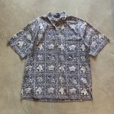 画像: 【XL】90s Reyn Spooner プルオーバー 半袖アロハシャツ 紺 総柄■ビンテージ アメリカ古着 ビキニタグ レインスプーナー 裏刷り