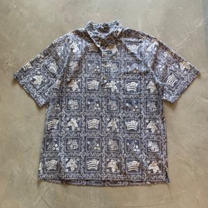 画像: 【XL】90s Reyn Spooner プルオーバー 半袖アロハシャツ 紺 総柄■ビンテージ アメリカ古着 ビキニタグ レインスプーナー 裏刷り