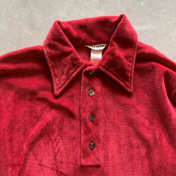 画像2: 【M/L】70s USA製 ELLMAR パイル地 長袖ポロシャツ えんじ 赤系■ビンテージ オールド レトロ アメリカ古着 ロンT 80s (2)