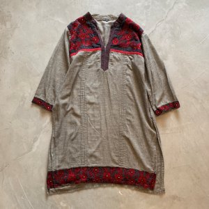 画像: 【Ladies】インド製 コットン 刺繍ワンピース チュニック グレー■ビンテージ レトロ アメリカ古着 花柄 レディース エスニック