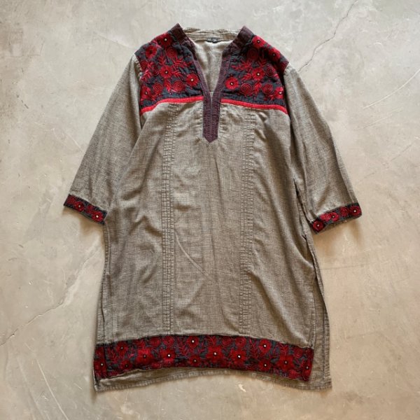 画像1: 【Ladies】インド製 コットン 刺繍ワンピース チュニック グレー■ビンテージ レトロ アメリカ古着 花柄 レディース エスニック (1)