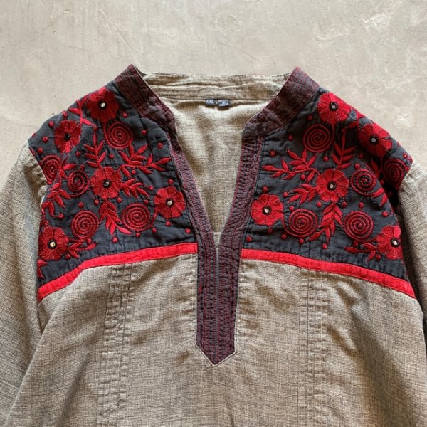 画像2: 【Ladies】インド製 コットン 刺繍ワンピース チュニック グレー■ビンテージ レトロ アメリカ古着 花柄 レディース エスニック (2)
