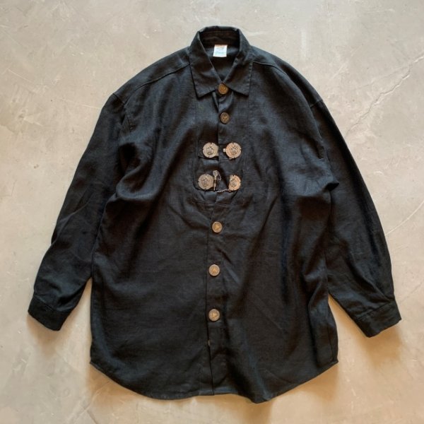 画像1: 【L/XL】オーストリア製 Amann 長袖リネンシャツジャケット ブラック 黒■ビンテージ オールド レトロ アメリカ古着 (1)
