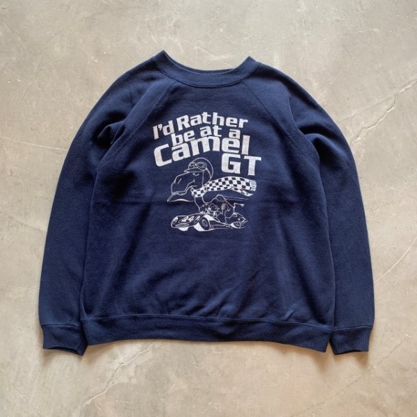 画像1: 【M/L】80s-90s Hanes CAMEL キャメル プリントスウェット ネイビー■ビンテージ アメリカ古着 レーシング ラグラン トレーナー (1)