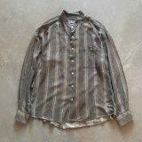 画像: 【L】MAXINI バンドカラー 長袖レーヨンシャツ グレーストライプ 総柄■ビンテージ オールド アメリカ古着 90s スタンドカラー