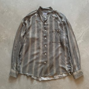 画像: 【L】MAXINI バンドカラー 長袖レーヨンシャツ グレーストライプ 総柄■ビンテージ オールド アメリカ古着 90s スタンドカラー
