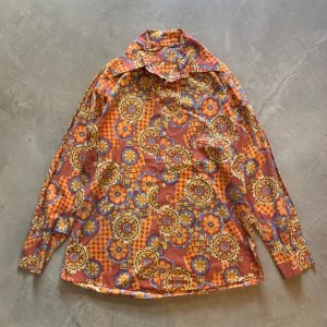 画像: 【L/XL】70s UNKNOWN 長袖シャツ 総柄 茶系■ビンテージ オールド レトロ アメリカ古着 ビッグサイズ ヒッピー