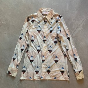 画像: 【S】70s Ferranti アセテート×ナイロン 長袖シャツ 総柄■ビンテージ オールド レトロ アメリカ古着 ポリシャツ 扇 アート