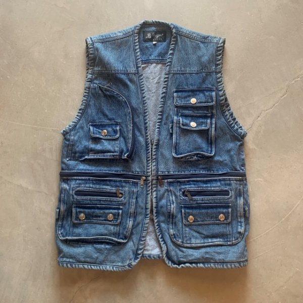 画像1: 【M/L】BUGAO デニム フィッシングベスト ブルー 青■ビンテージ オールド 古着 ハンティングベスト ジップアップ 多機能 (1)