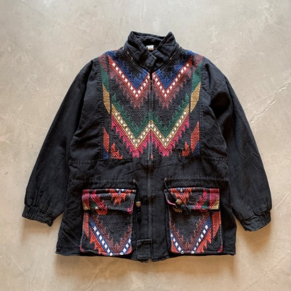 画像1: 【S/M】グアテマラ製 ハンドメイド ジップアップ ジャケット 黒×総柄 切替■ビンテージ レトロ アメリカ古着 民族 エスニック ラグ (1)
