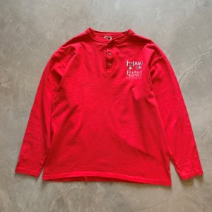 画像: 【L/XL】90s USA製 COTTON DELUXE ヘンリーネック プリント 長袖Tシャツ 赤■ビンテージ オールド アメリカ古着 コットン ロンT