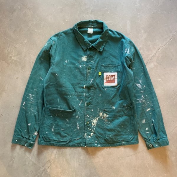画像1: 【L】CEM ペンキ飛び ユーロワーク ジャケット カバーオール グリーン 緑■ビンテージ ヨーロッパ古着 コットン フレンチ ドイツ ボロ (1)