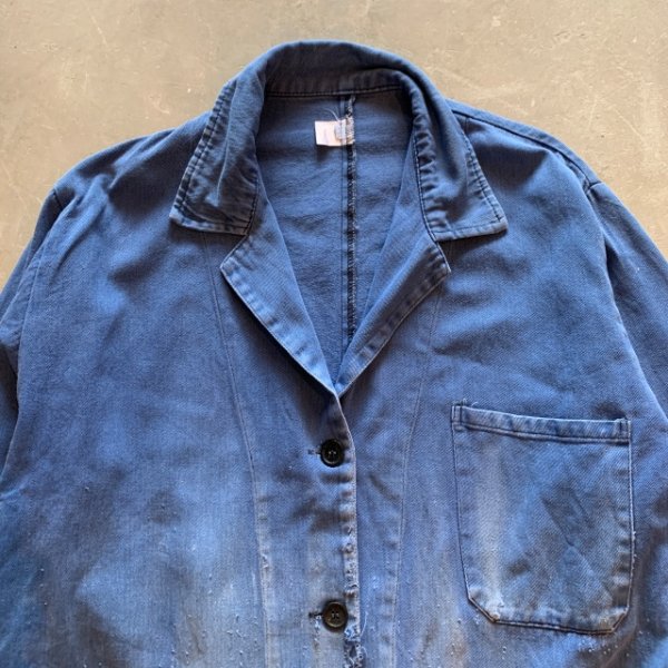 画像2: 【M/L】ボロ ユーロワーク ジャケット アトリエコート ブルー■ビンテージ オールド ヨーロッパ古着 コットン 鬼フェード フレンチ (2)