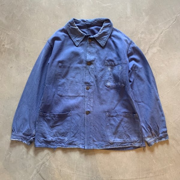 画像1: 【L】ボロ フレンチ ユーロワーク ジャケット カバーオール ブルー■ビンテージ ヨーロッパ古着 コットン 鬼フェード ダーニング 刺し子 (1)
